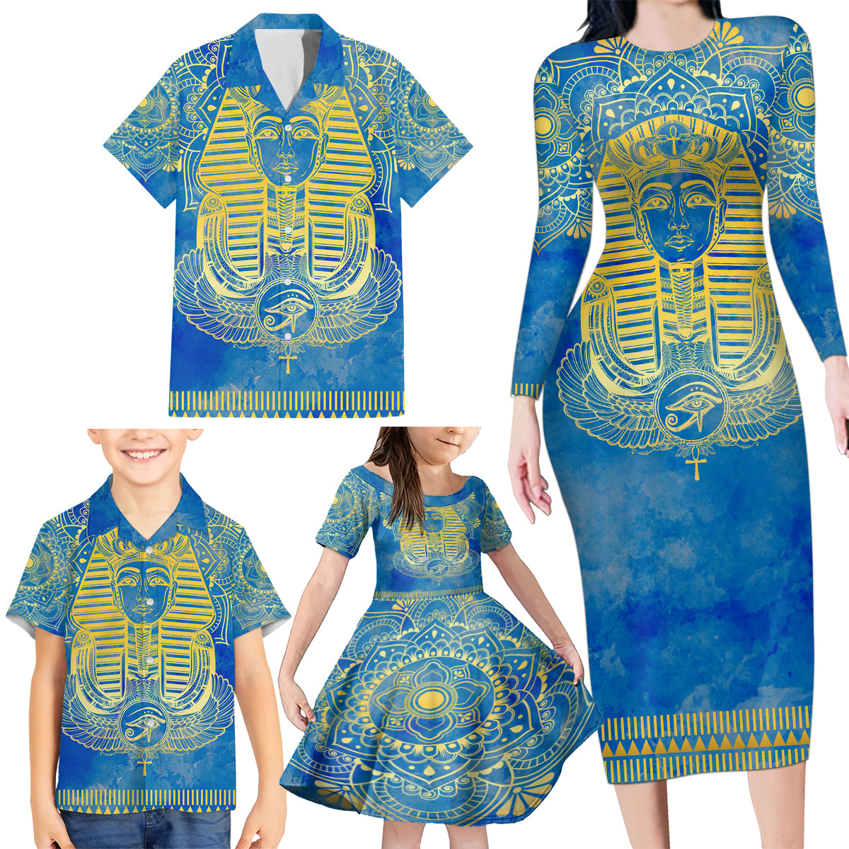 Personalized Mandala Egyptian Pharaoh Family Matching Long Sleeve Bodycon Dress and Hawaiian Shirt Eye of Horus Blue - Wonder Print Shop