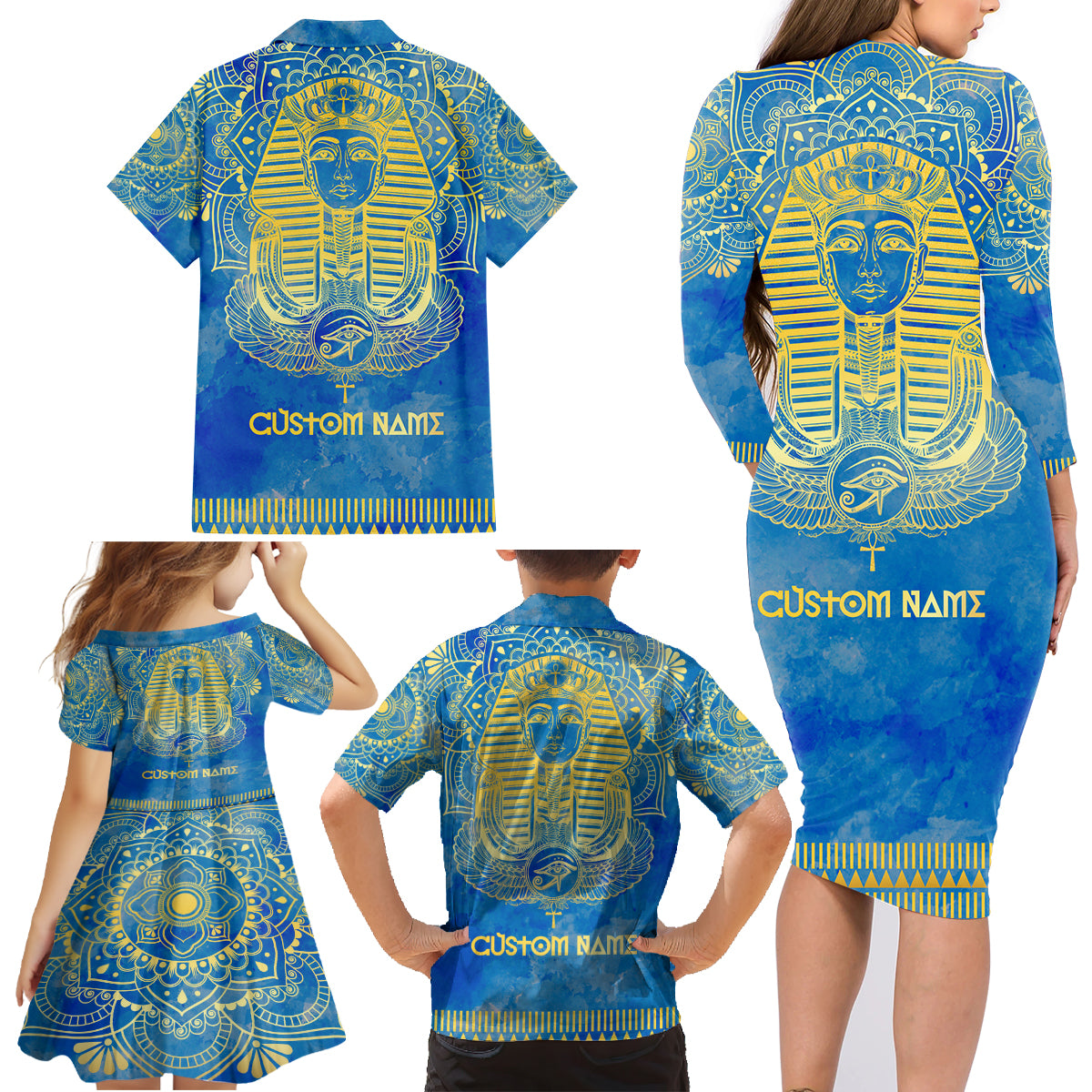 Personalized Mandala Egyptian Pharaoh Family Matching Long Sleeve Bodycon Dress and Hawaiian Shirt Eye of Horus Blue - Wonder Print Shop