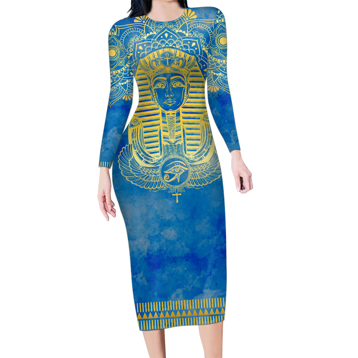 Personalized Mandala Egyptian Pharaoh Family Matching Long Sleeve Bodycon Dress and Hawaiian Shirt Eye of Horus Blue - Wonder Print Shop