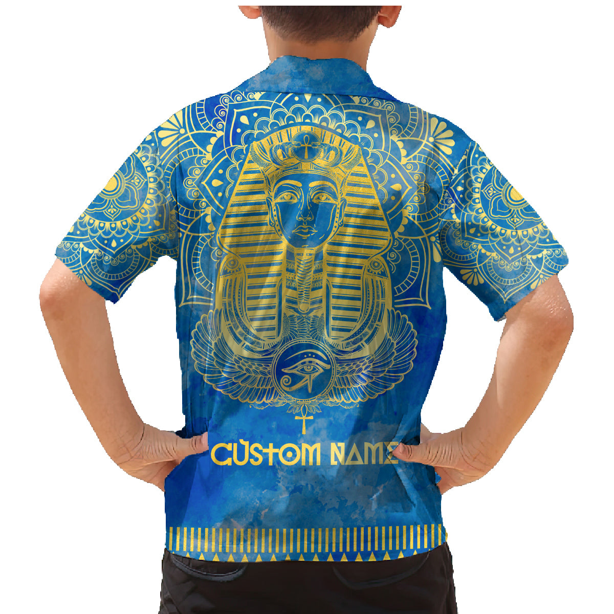 Personalized Mandala Egyptian Pharaoh Family Matching Mermaid Dress and Hawaiian Shirt Eye of Horus Blue - Wonder Print Shop