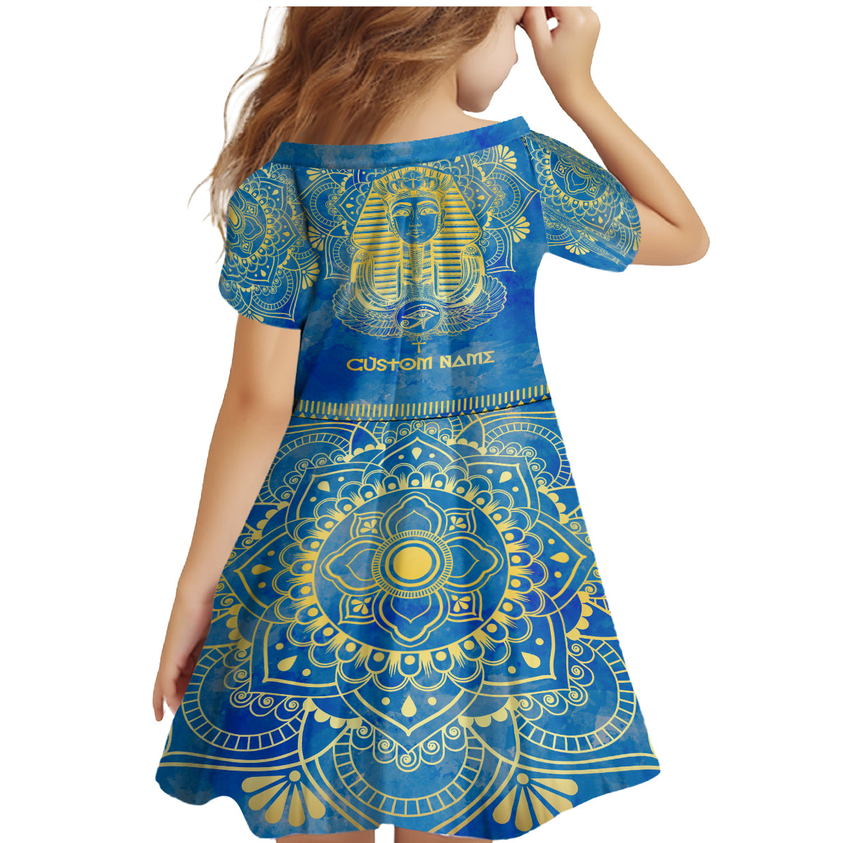 Personalized Mandala Egyptian Pharaoh Family Matching Mermaid Dress and Hawaiian Shirt Eye of Horus Blue - Wonder Print Shop
