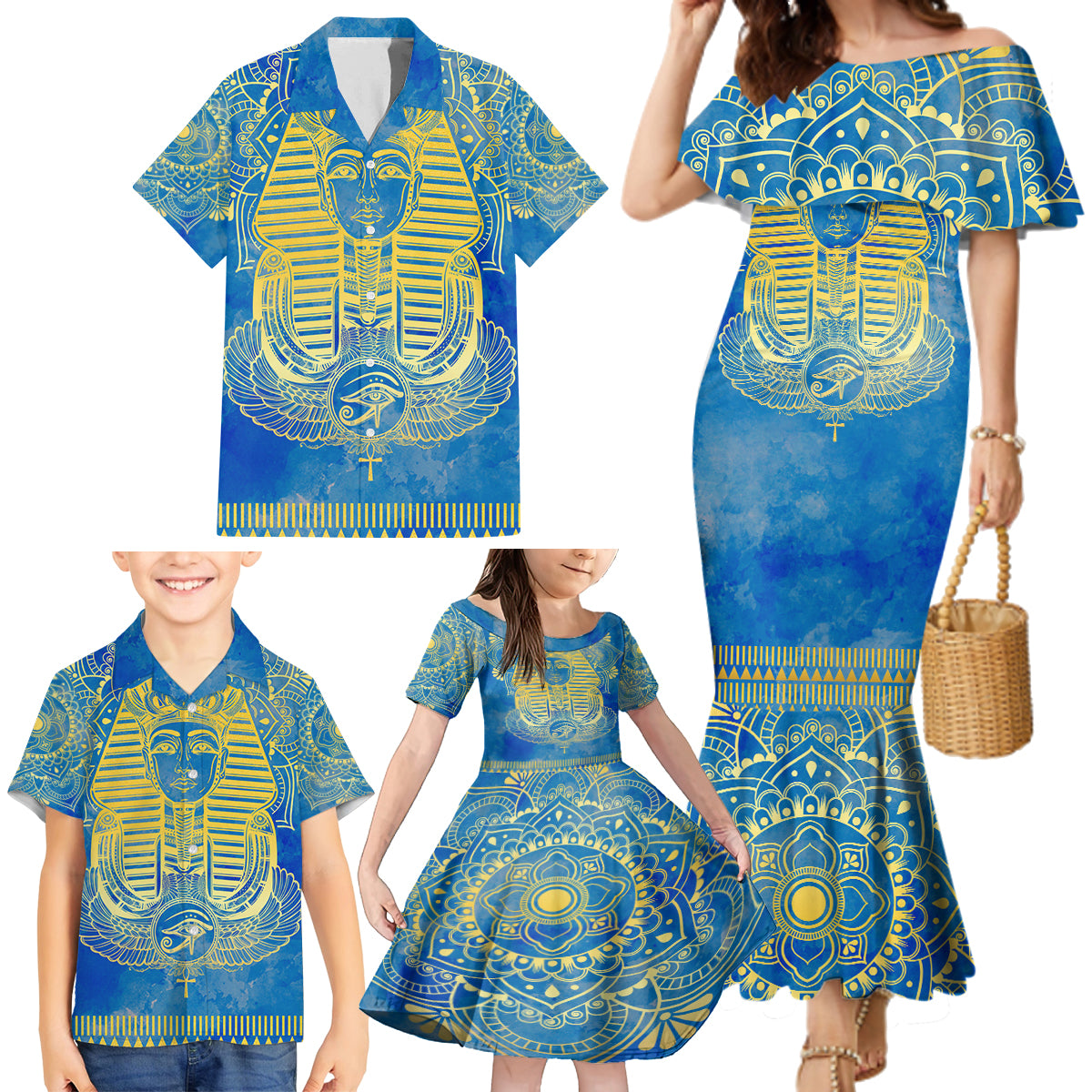 Personalized Mandala Egyptian Pharaoh Family Matching Mermaid Dress and Hawaiian Shirt Eye of Horus Blue - Wonder Print Shop