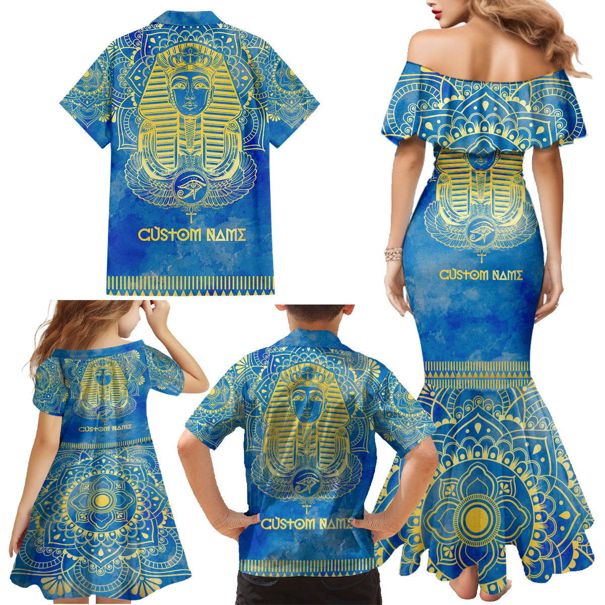 Personalized Mandala Egyptian Pharaoh Family Matching Mermaid Dress and Hawaiian Shirt Eye of Horus Blue - Wonder Print Shop
