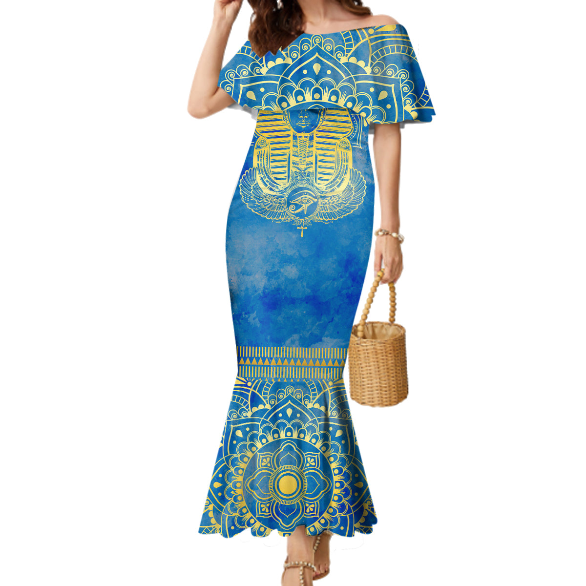 Personalized Mandala Egyptian Pharaoh Family Matching Mermaid Dress and Hawaiian Shirt Eye of Horus Blue - Wonder Print Shop