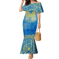 Personalized Mandala Egyptian Pharaoh Family Matching Mermaid Dress and Hawaiian Shirt Eye of Horus Blue - Wonder Print Shop