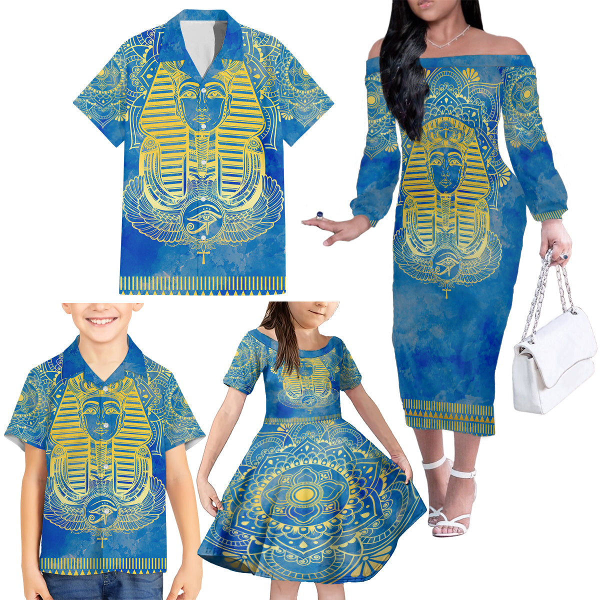 Personalized Mandala Egyptian Pharaoh Family Matching Off Shoulder Long Sleeve Dress and Hawaiian Shirt Eye of Horus Blue - Wonder Print Shop