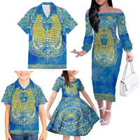 Personalized Mandala Egyptian Pharaoh Family Matching Off Shoulder Long Sleeve Dress and Hawaiian Shirt Eye of Horus Blue - Wonder Print Shop