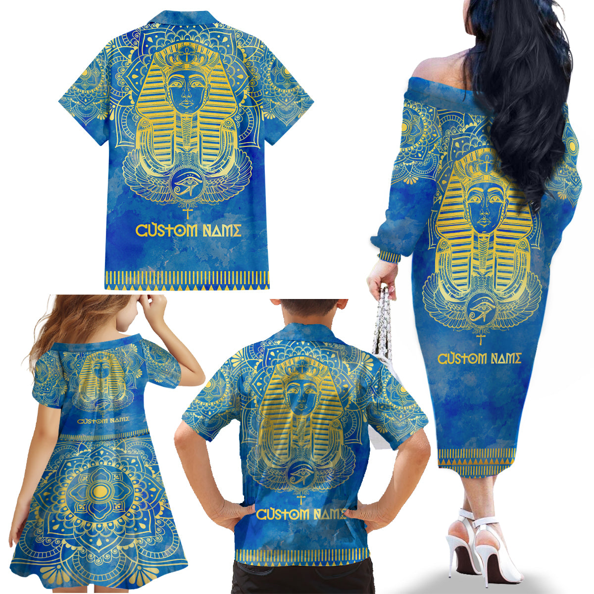 Personalized Mandala Egyptian Pharaoh Family Matching Off Shoulder Long Sleeve Dress and Hawaiian Shirt Eye of Horus Blue - Wonder Print Shop