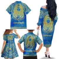 Personalized Mandala Egyptian Pharaoh Family Matching Off Shoulder Long Sleeve Dress and Hawaiian Shirt Eye of Horus Blue - Wonder Print Shop