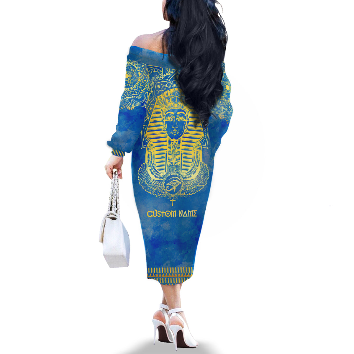 Personalized Mandala Egyptian Pharaoh Family Matching Off Shoulder Long Sleeve Dress and Hawaiian Shirt Eye of Horus Blue - Wonder Print Shop