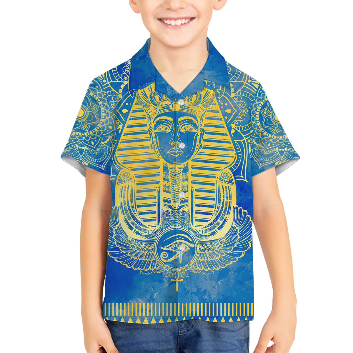 Personalized Mandala Egyptian Pharaoh Family Matching Off Shoulder Long Sleeve Dress and Hawaiian Shirt Eye of Horus Blue - Wonder Print Shop
