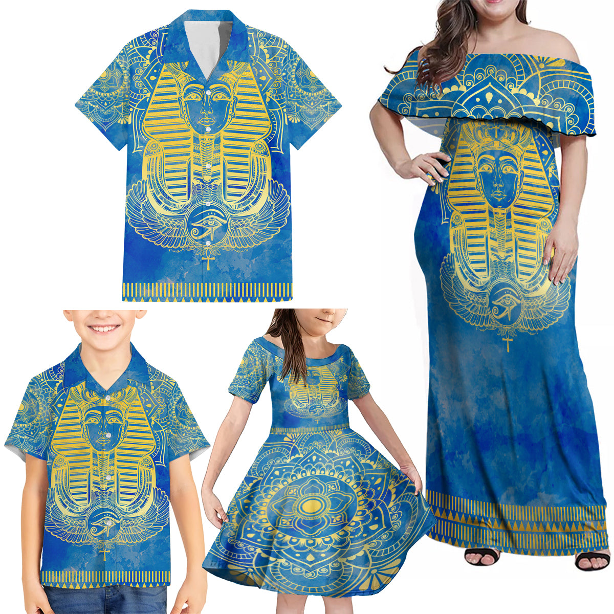 Personalized Mandala Egyptian Pharaoh Family Matching Off Shoulder Maxi Dress and Hawaiian Shirt Eye of Horus Blue - Wonder Print Shop