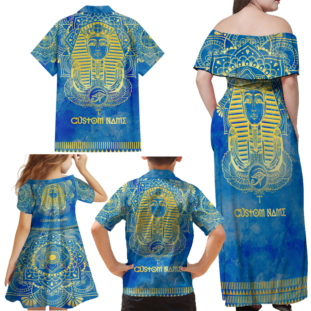 Personalized Mandala Egyptian Pharaoh Family Matching Off Shoulder Maxi Dress and Hawaiian Shirt Eye of Horus Blue - Wonder Print Shop