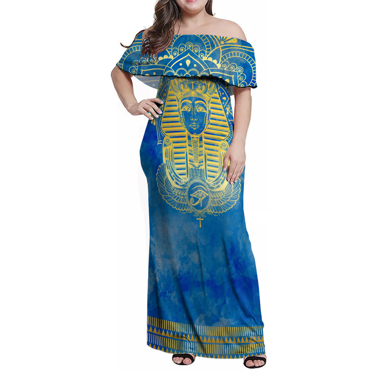 Personalized Mandala Egyptian Pharaoh Family Matching Off Shoulder Maxi Dress and Hawaiian Shirt Eye of Horus Blue - Wonder Print Shop