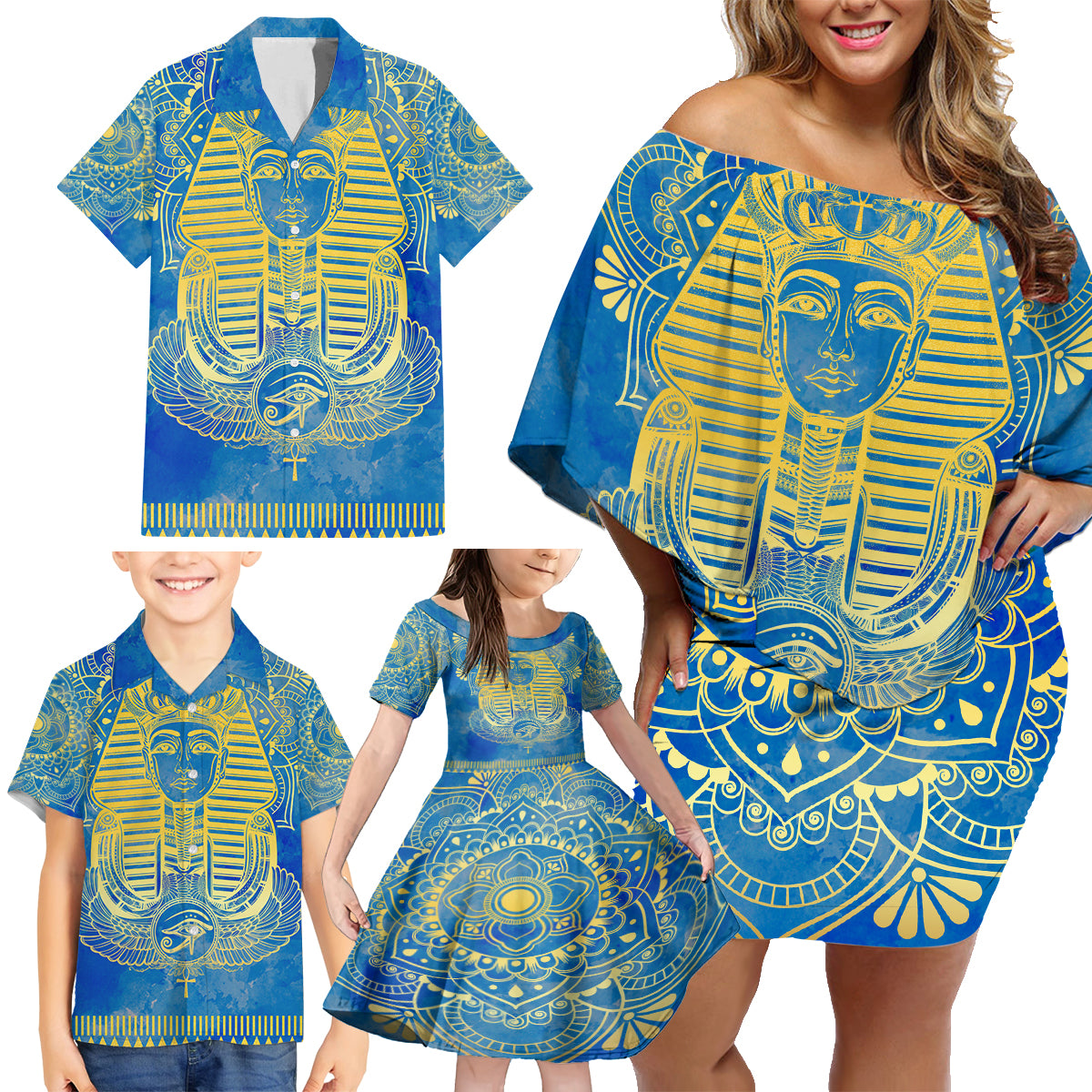 Personalized Mandala Egyptian Pharaoh Family Matching Off Shoulder Short Dress and Hawaiian Shirt Eye of Horus Blue