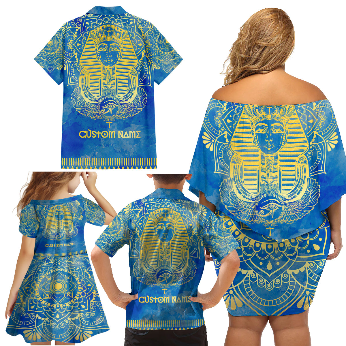 Personalized Mandala Egyptian Pharaoh Family Matching Off Shoulder Short Dress and Hawaiian Shirt Eye of Horus Blue - Wonder Print Shop