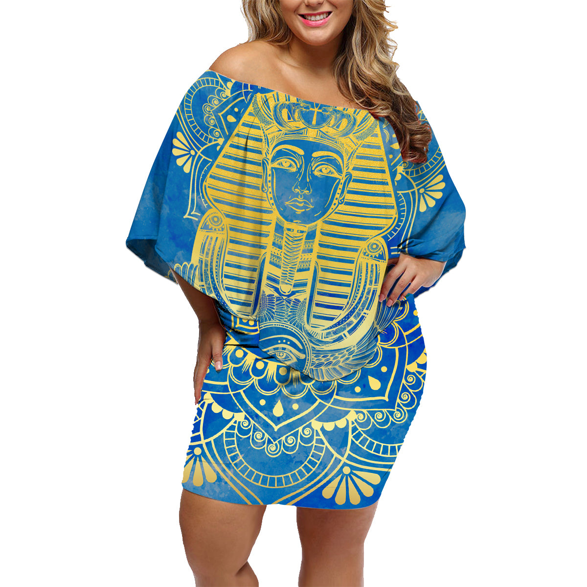 Personalized Mandala Egyptian Pharaoh Family Matching Off Shoulder Short Dress and Hawaiian Shirt Eye of Horus Blue - Wonder Print Shop