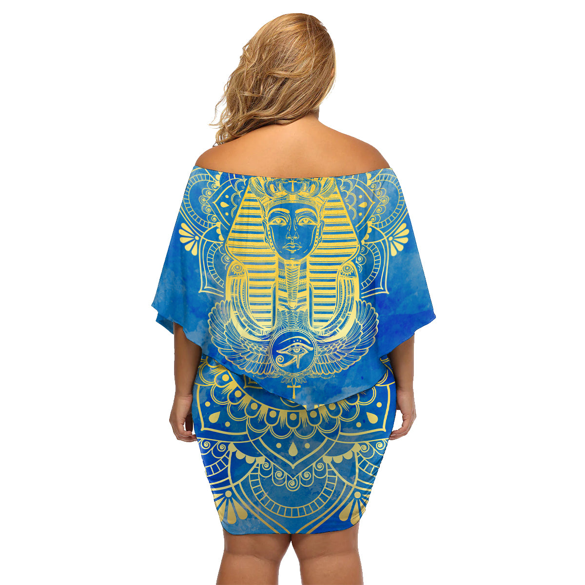 Personalized Mandala Egyptian Pharaoh Family Matching Off Shoulder Short Dress and Hawaiian Shirt Eye of Horus Blue - Wonder Print Shop