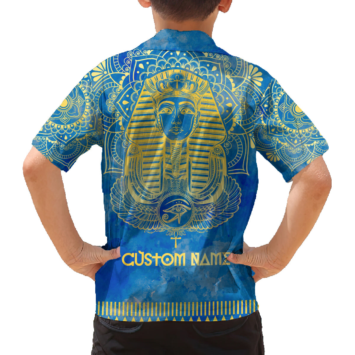 Personalized Mandala Egyptian Pharaoh Family Matching Puletasi and Hawaiian Shirt Eye of Horus Blue - Wonder Print Shop