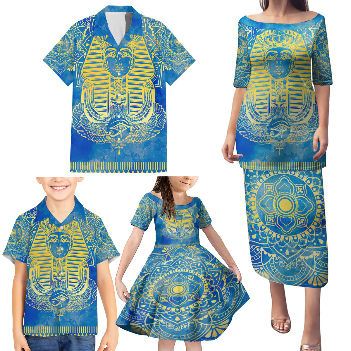 Personalized Mandala Egyptian Pharaoh Family Matching Puletasi and Hawaiian Shirt Eye of Horus Blue - Wonder Print Shop