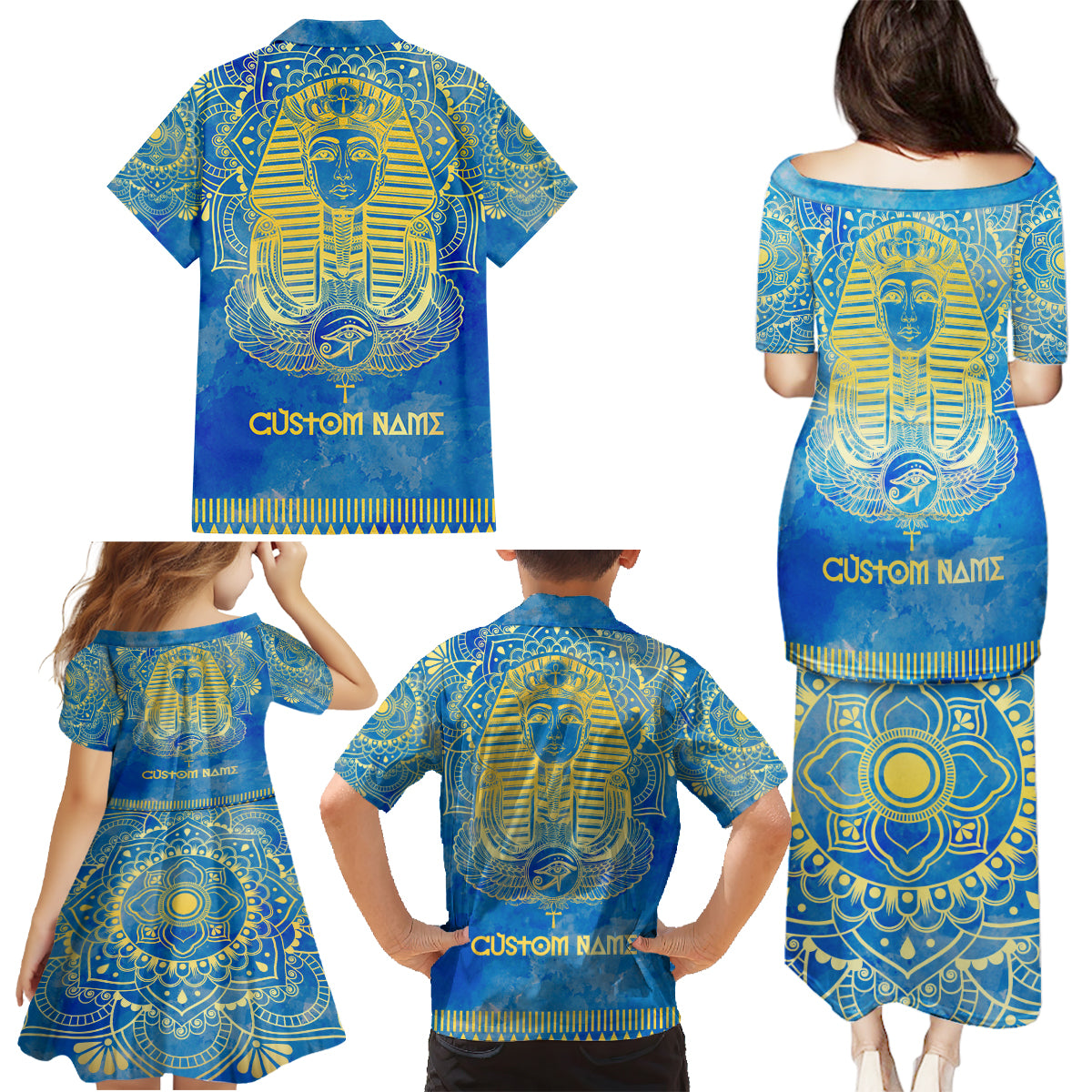 Personalized Mandala Egyptian Pharaoh Family Matching Puletasi and Hawaiian Shirt Eye of Horus Blue - Wonder Print Shop