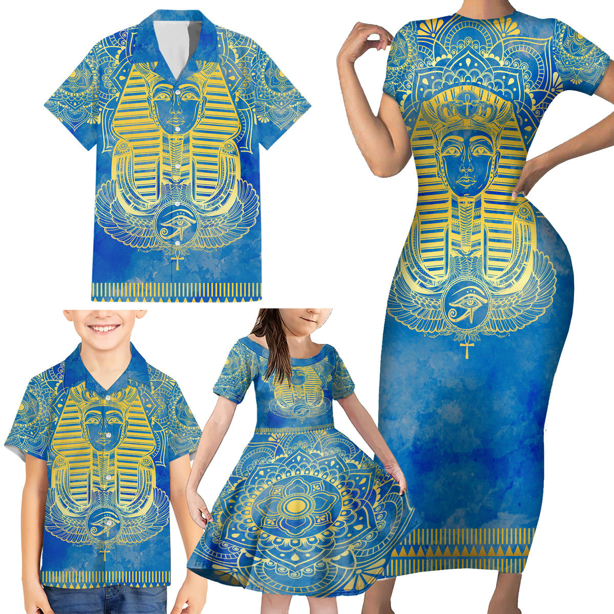 Personalized Mandala Egyptian Pharaoh Family Matching Short Sleeve Bodycon Dress and Hawaiian Shirt Eye of Horus Blue - Wonder Print Shop
