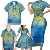 Personalized Mandala Egyptian Pharaoh Family Matching Short Sleeve Bodycon Dress and Hawaiian Shirt Eye of Horus Blue - Wonder Print Shop