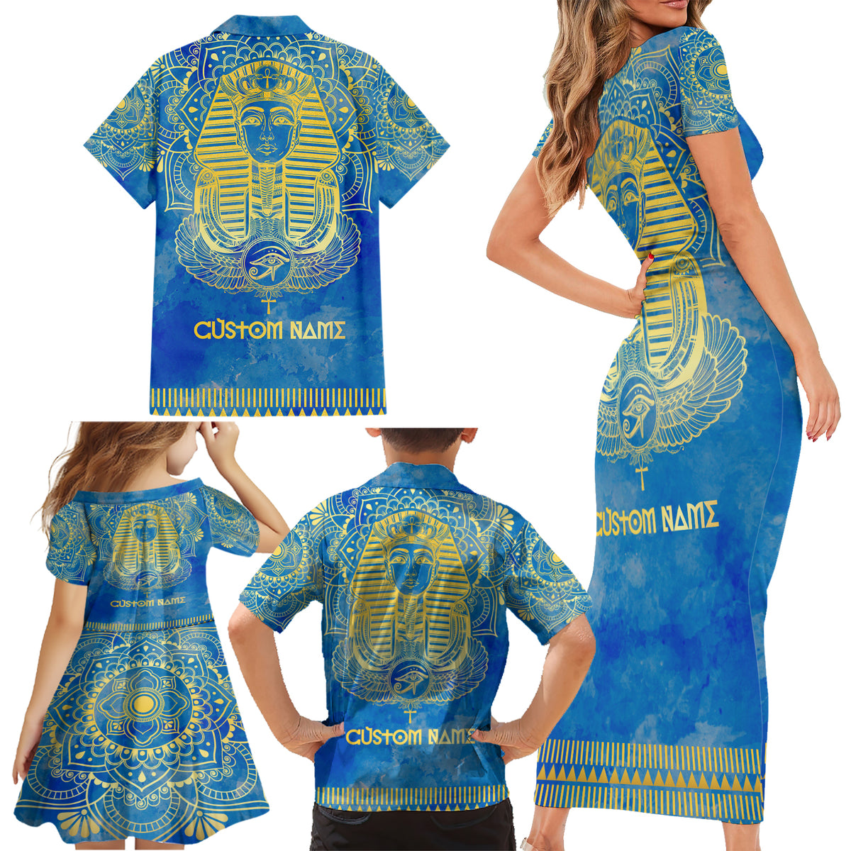 Personalized Mandala Egyptian Pharaoh Family Matching Short Sleeve Bodycon Dress and Hawaiian Shirt Eye of Horus Blue - Wonder Print Shop
