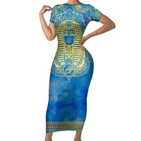 Personalized Mandala Egyptian Pharaoh Family Matching Short Sleeve Bodycon Dress and Hawaiian Shirt Eye of Horus Blue - Wonder Print Shop