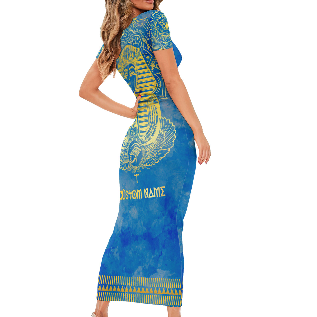 Personalized Mandala Egyptian Pharaoh Family Matching Short Sleeve Bodycon Dress and Hawaiian Shirt Eye of Horus Blue - Wonder Print Shop