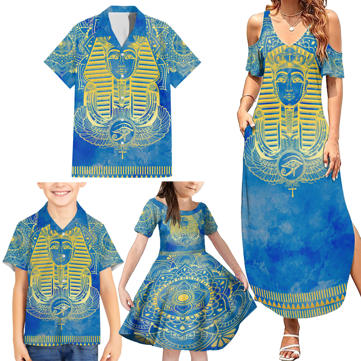 Personalized Mandala Egyptian Pharaoh Family Matching Summer Maxi Dress and Hawaiian Shirt Eye of Horus Blue - Wonder Print Shop