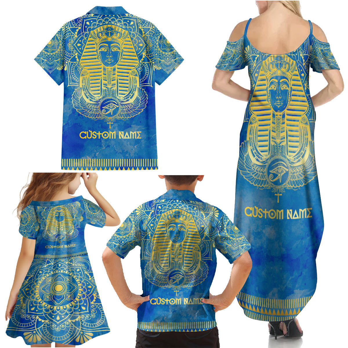 Personalized Mandala Egyptian Pharaoh Family Matching Summer Maxi Dress and Hawaiian Shirt Eye of Horus Blue - Wonder Print Shop