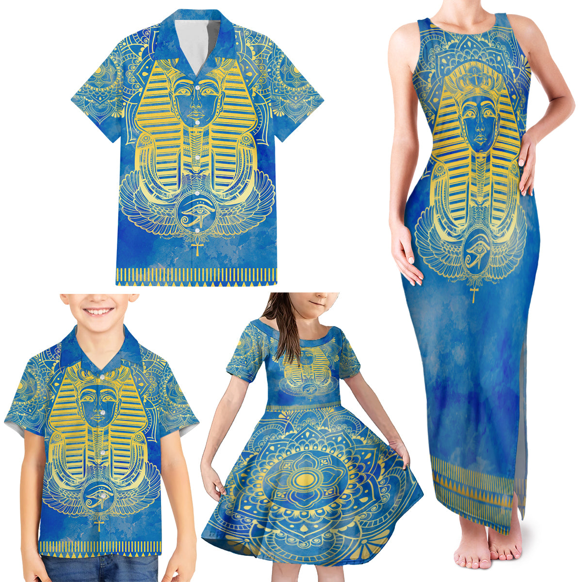 Personalized Mandala Egyptian Pharaoh Family Matching Tank Maxi Dress and Hawaiian Shirt Eye of Horus Blue - Wonder Print Shop