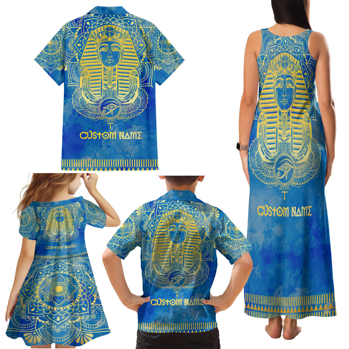 Personalized Mandala Egyptian Pharaoh Family Matching Tank Maxi Dress and Hawaiian Shirt Eye of Horus Blue - Wonder Print Shop
