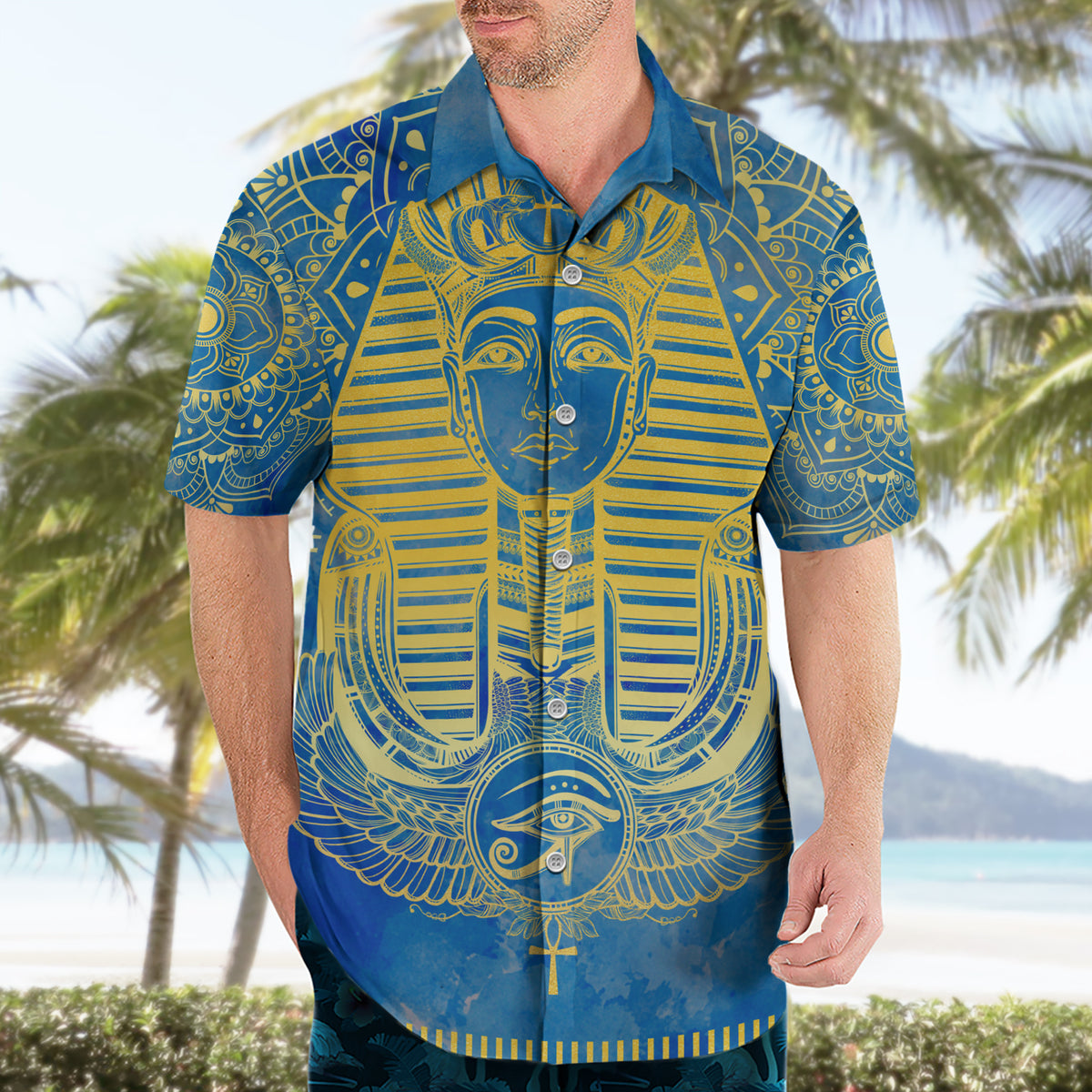 Personalized Mandala Egyptian Pharaoh Hawaiian Shirt Eye of Horus Blue - Wonder Print Shop
