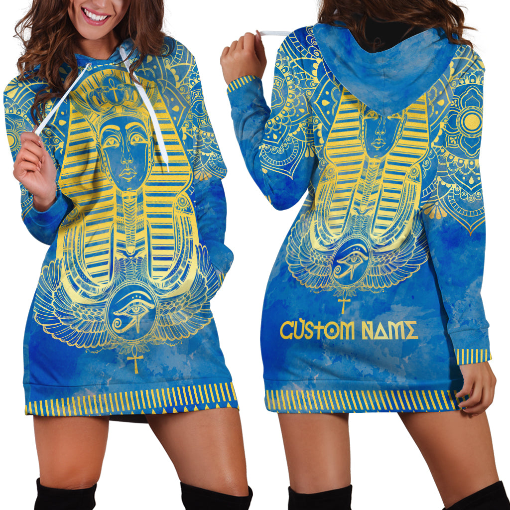 Personalized Mandala Egyptian Pharaoh Hoodie Dress Eye of Horus Blue - Wonder Print Shop