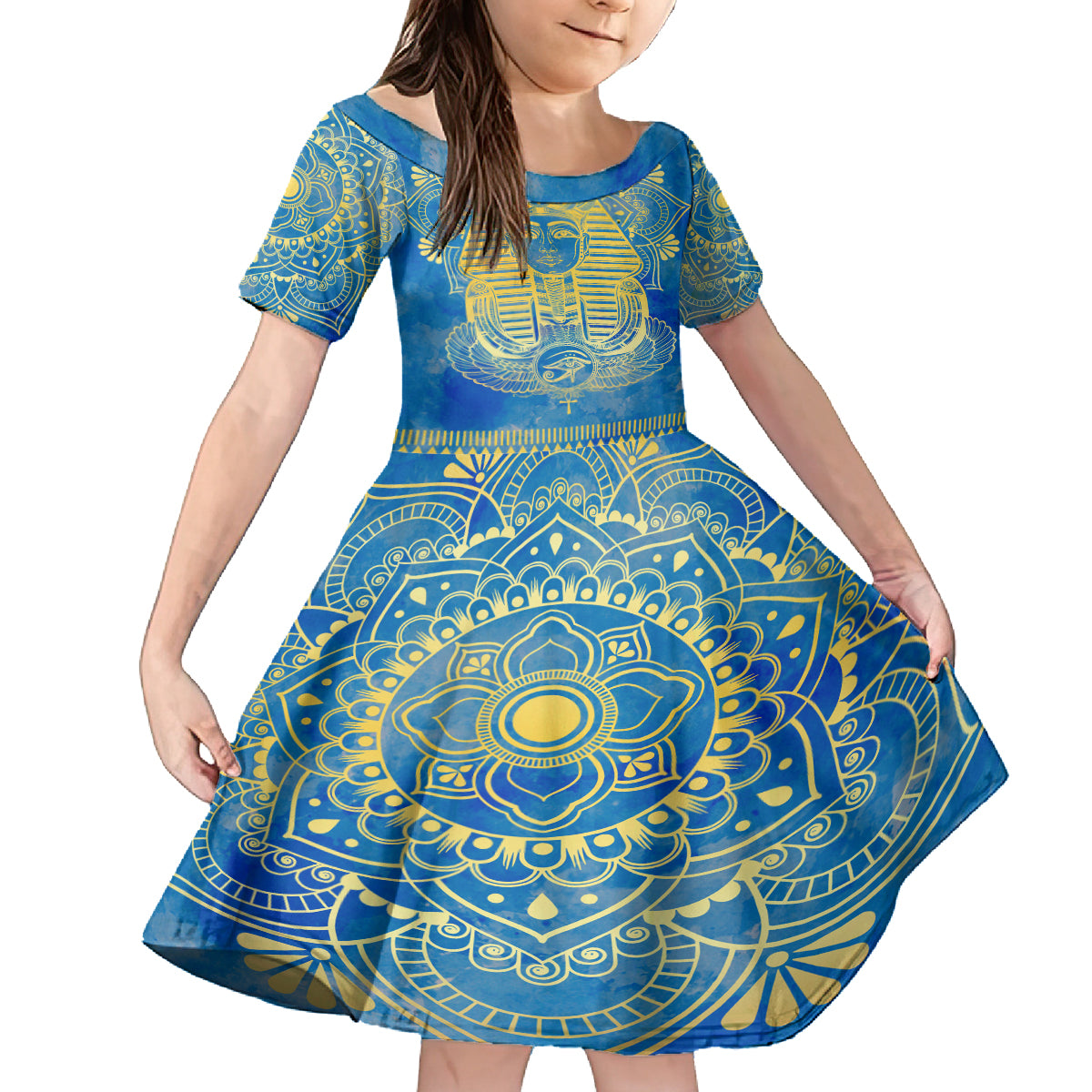 Personalized Mandala Egyptian Pharaoh Kid Short Sleeve Dress Eye of Horus Blue - Wonder Print Shop