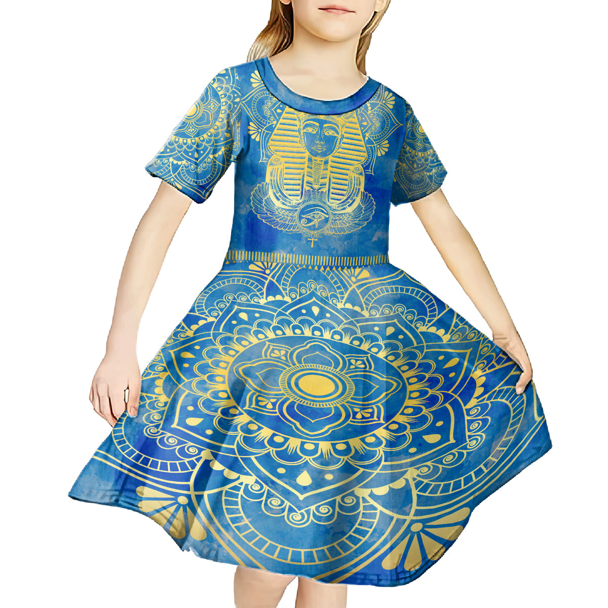 Personalized Mandala Egyptian Pharaoh Kid Short Sleeve Dress Eye of Horus Blue - Wonder Print Shop