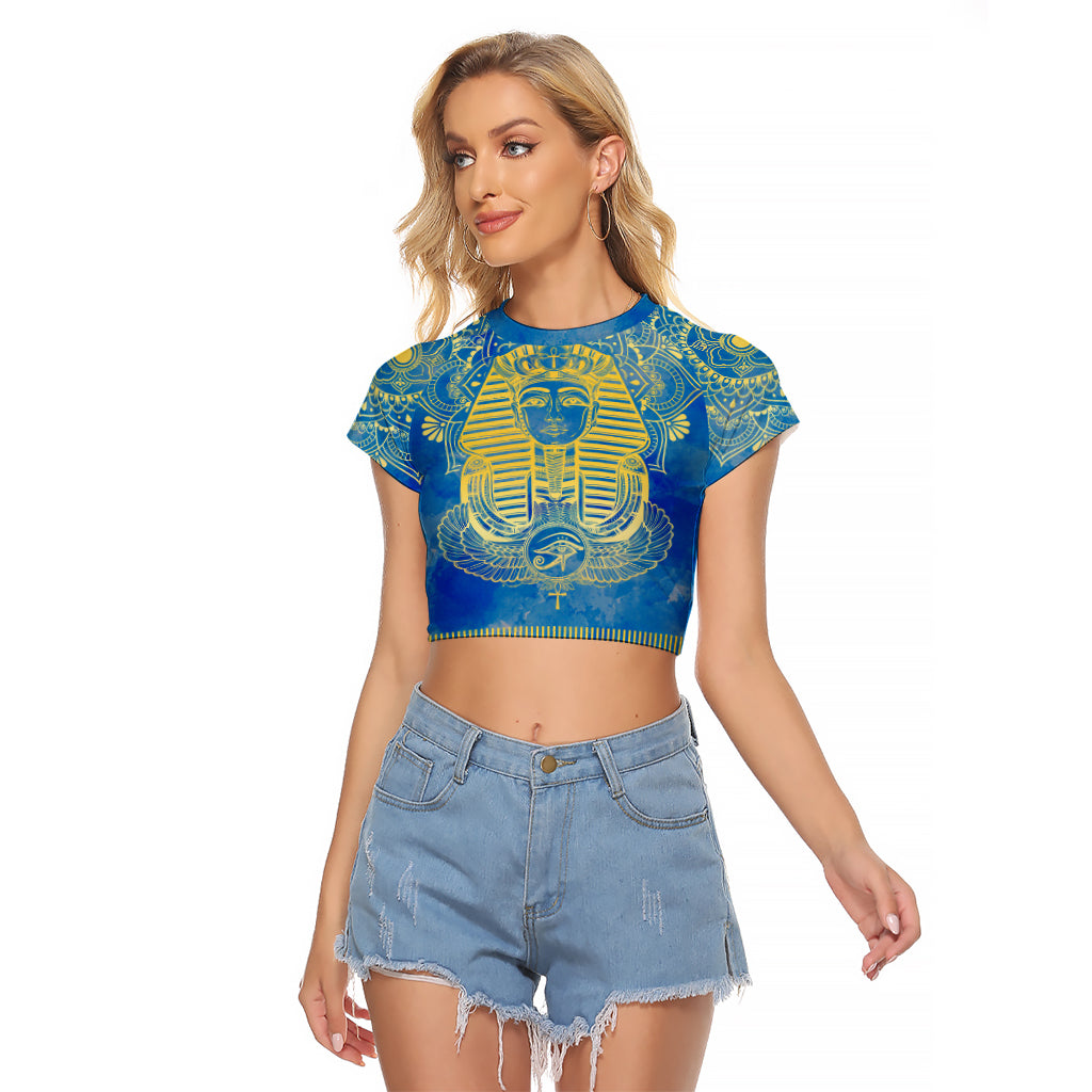 Personalized Mandala Egyptian Pharaoh Raglan Cropped T Shirt Eye of Horus Blue - Wonder Print Shop