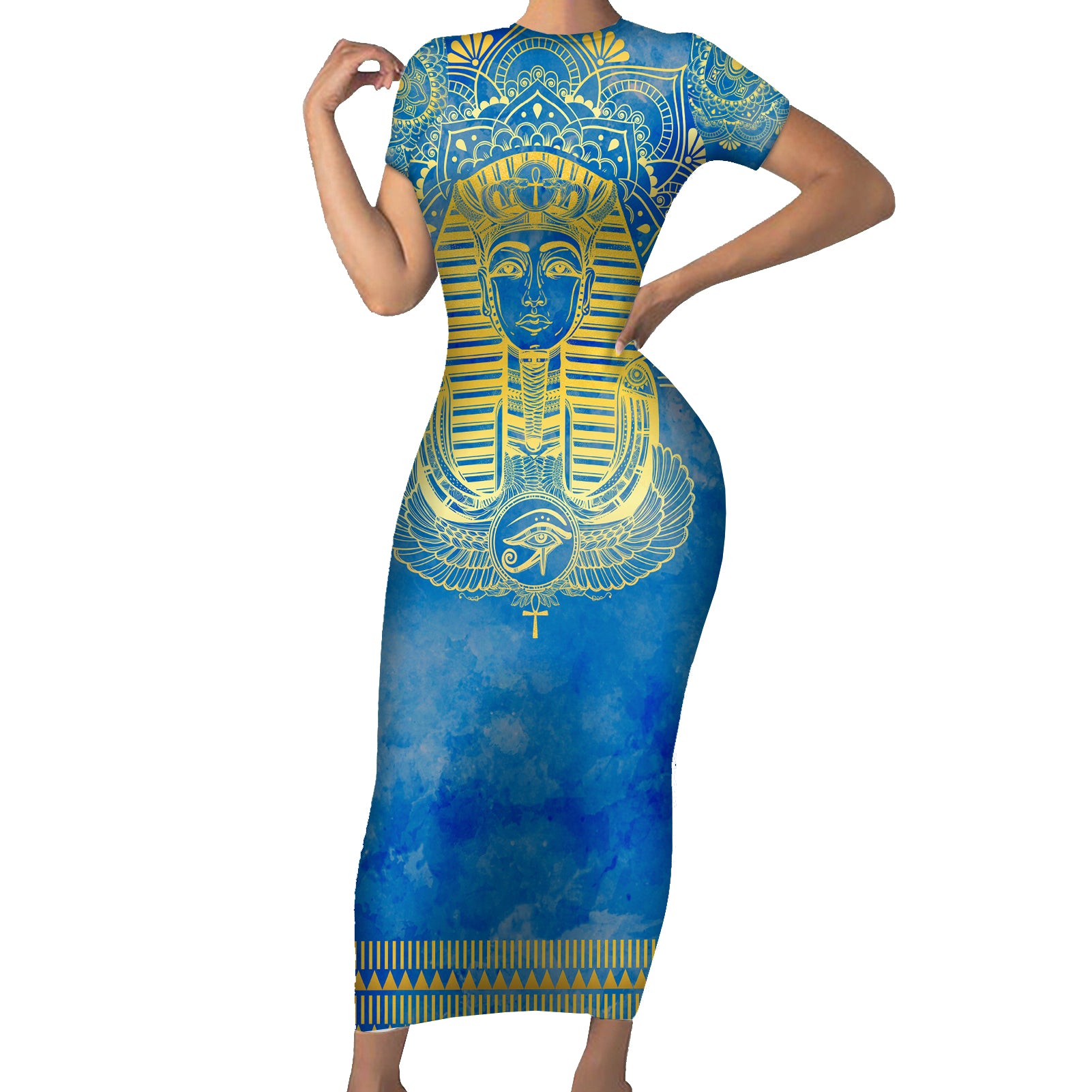 Personalized Mandala Egyptian Pharaoh Short Sleeve Bodycon Dress Eye of Horus Blue - Wonder Print Shop