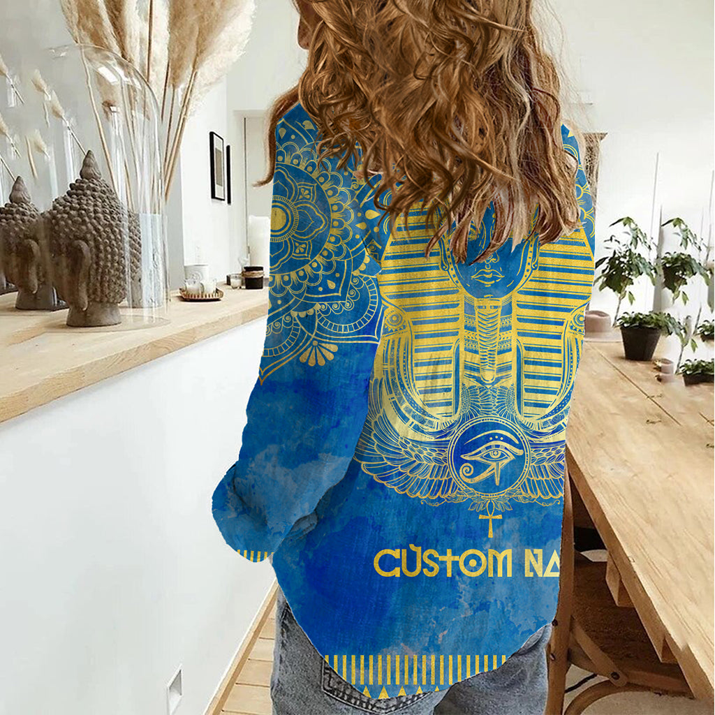 Personalized Mandala Egyptian Pharaoh Women Casual Shirt Eye of Horus Blue - Wonder Print Shop
