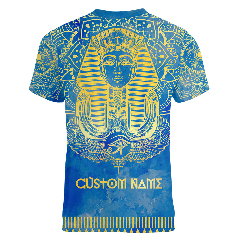 Personalized Mandala Egyptian Pharaoh Women V Neck T Shirt Eye of Horus Blue - Wonder Print Shop