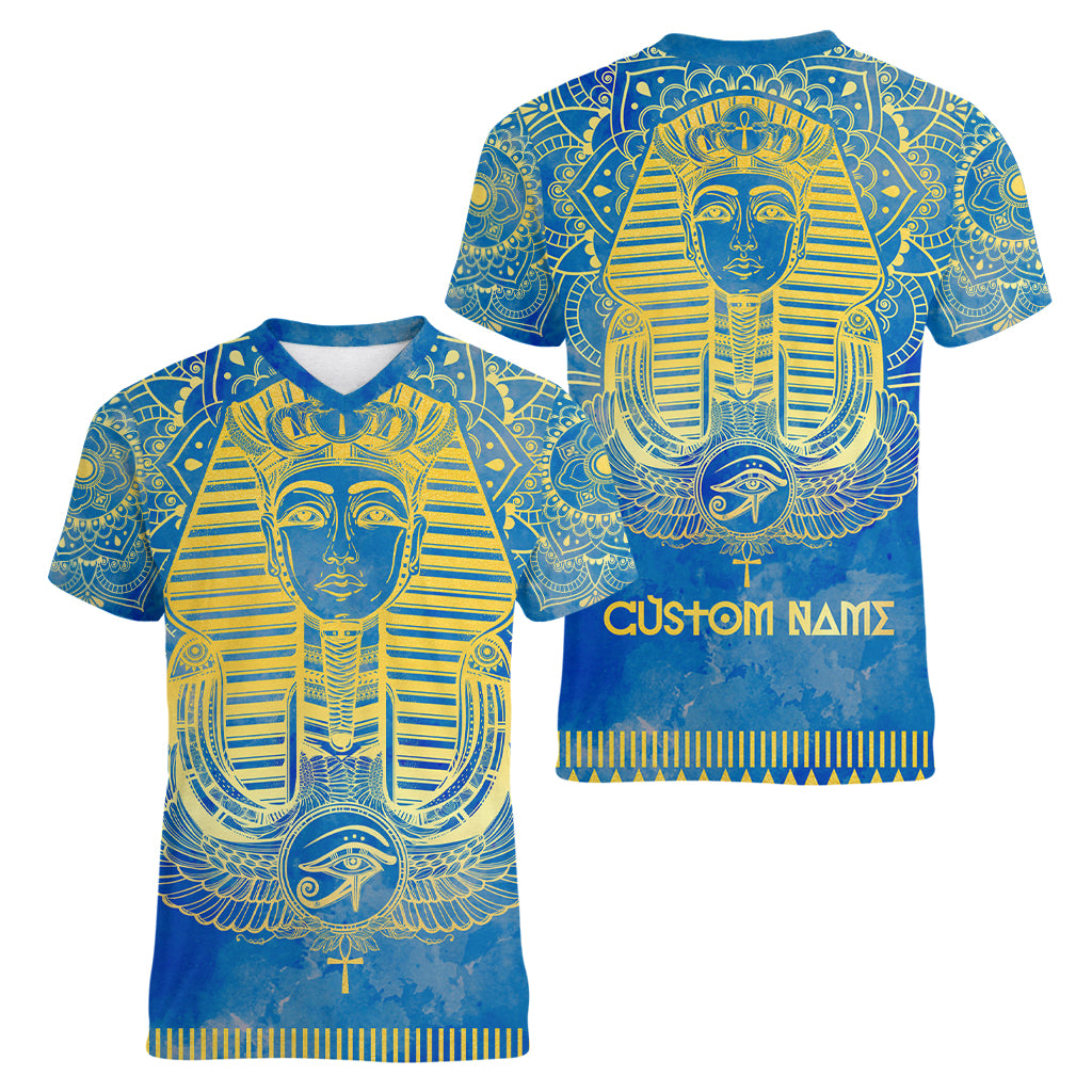 Personalized Mandala Egyptian Pharaoh Women V Neck T Shirt Eye of Horus Blue - Wonder Print Shop