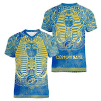 Personalized Mandala Egyptian Pharaoh Women V Neck T Shirt Eye of Horus Blue - Wonder Print Shop