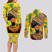 Personalized Africa Woman Couples Matching Long Sleeve Bodycon Dress and Long Sleeve Button Shirt Tropical Style - Wonder Print Shop