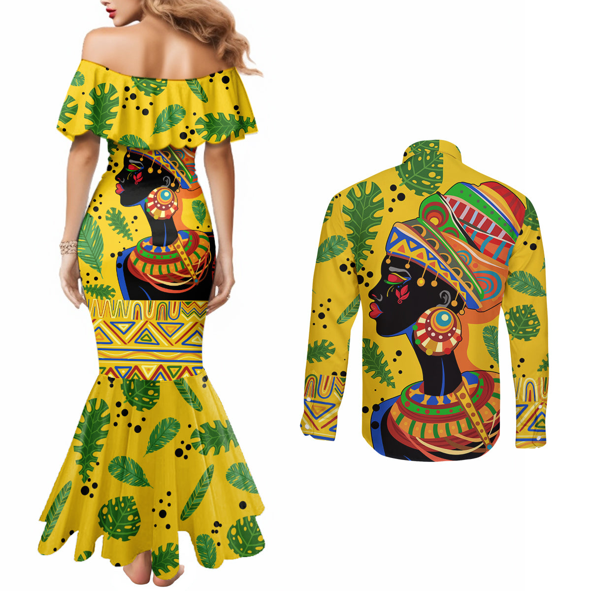 Personalized Africa Woman Couples Matching Mermaid Dress and Long Sleeve Button Shirt Tropical Style