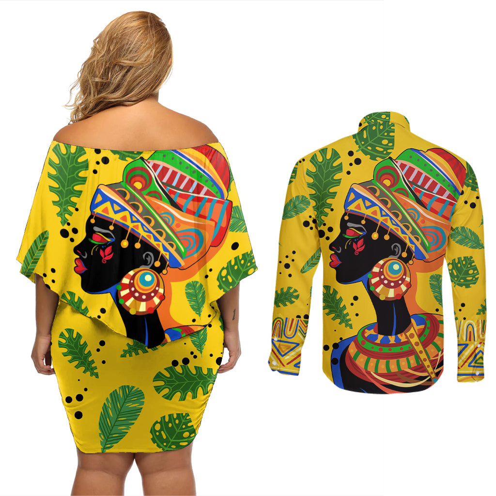 Personalized Africa Woman Couples Matching Off Shoulder Short Dress and Long Sleeve Button Shirt Tropical Style - Wonder Print Shop