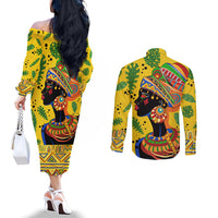 Personalized Africa Woman Couples Matching Off The Shoulder Long Sleeve Dress and Long Sleeve Button Shirt Tropical Style