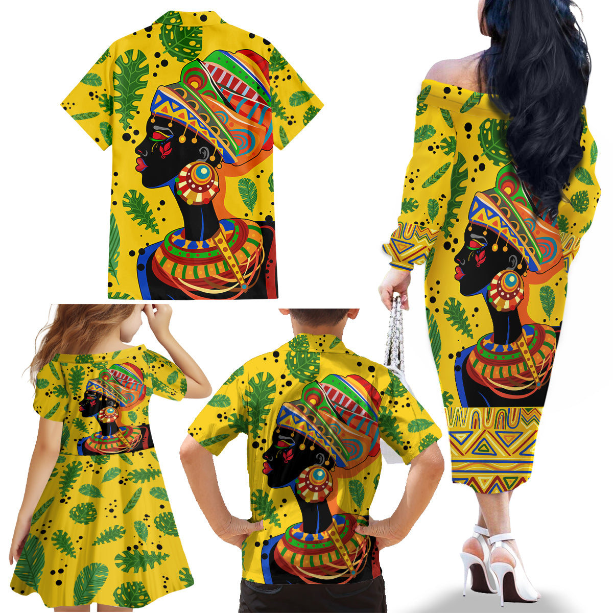 Personalized Africa Woman Family Matching Off The Shoulder Long Sleeve Dress and Hawaiian Shirt Tropical Style - Wonder Print Shop