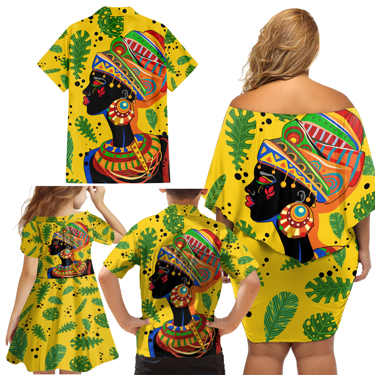 Personalized Africa Woman Family Matching Off Shoulder Short Dress and Hawaiian Shirt Tropical Style - Wonder Print Shop